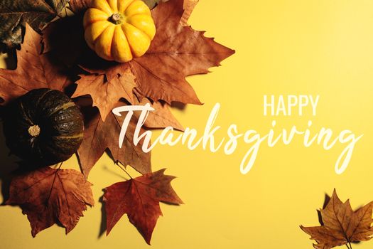 Happy Thanksgiving Day with maple leaves and pumpkin on yellow background