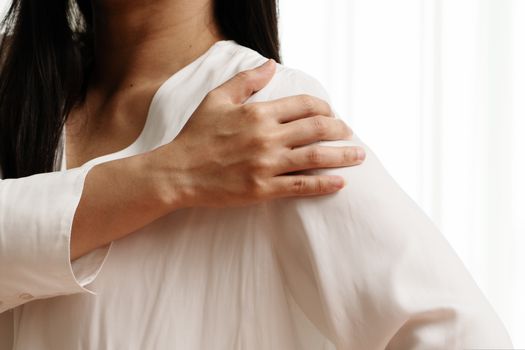 young women neck and shoulder pain injury, healthcare and medical concept
