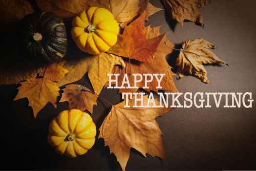 Happy Thanksgiving Day with pumpkin and maple leaves