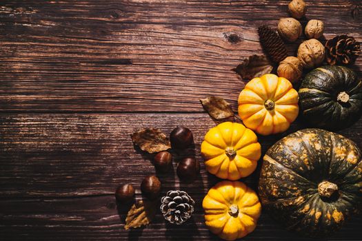 Happy Thanksgiving Day with pumpkin and nut on wooden table