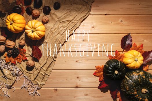 Happy Thanksgiving Day with pumpkin and nut on wooden background