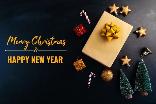 Merry Christmas and Happy New Year, present gift and decoration on black background