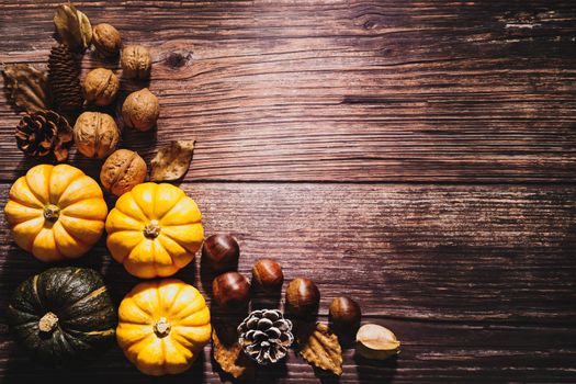 Happy Thanksgiving Day with pumpkin and nut on wooden table
