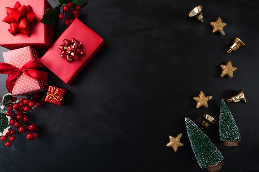 Merry Christmas, xmas present gift and decoration on black background