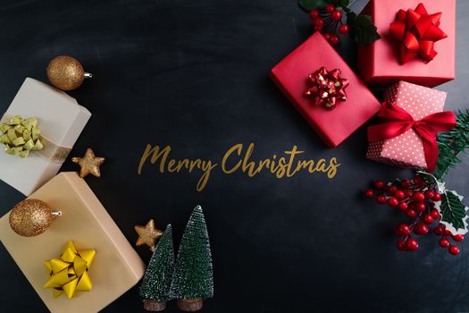 Merry Christmas, xmas present gift and decoration on black background