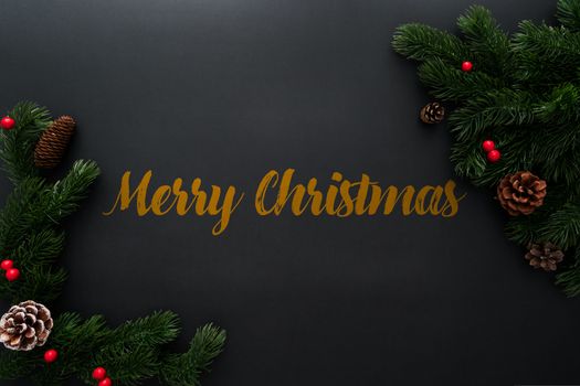 Christmas pine tree with xmas decoration on black background