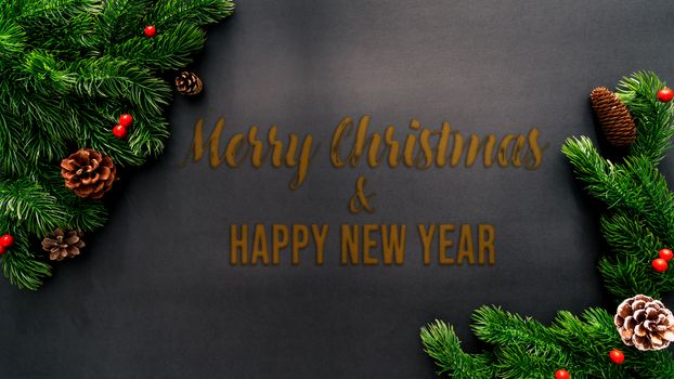 Christmas pine tree with xmas decoration on black background