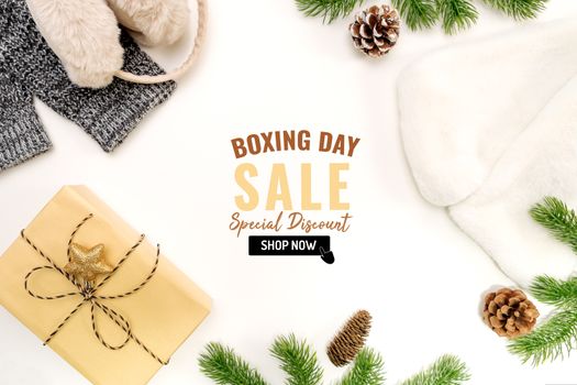 Boxing day sale with Christmas present and xmas decoration on white background