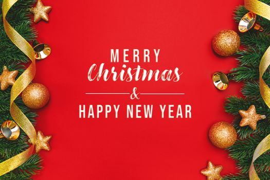 Christmas pine tree with xmas decoration on Red background