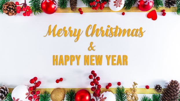 Christmas composition. Christmas ball, pine cones, fir branches on white background. Flat lay, top view, copy space