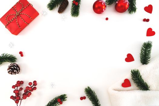 Christmas composition. Christmas gift, fir blanket, pine cones, fir branches on white background. Flat lay, top view, copy space