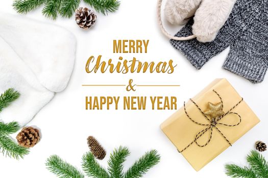 Christmas winter composition. Christmas gifts box with pine cones, fir branches on white background. Flat lay, top view, copy space
