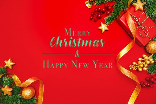 Christmas present and pine tree with xmas decoration on Red background