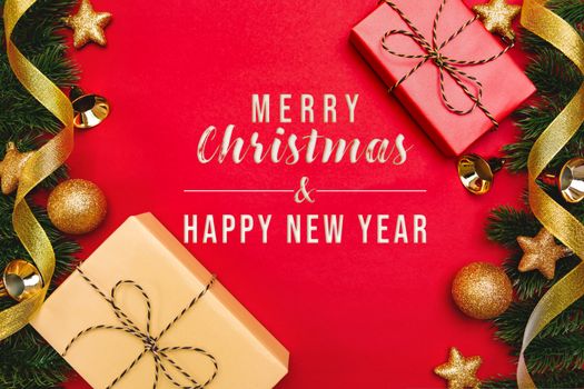 Christmas present and pine tree with xmas decoration on Red background