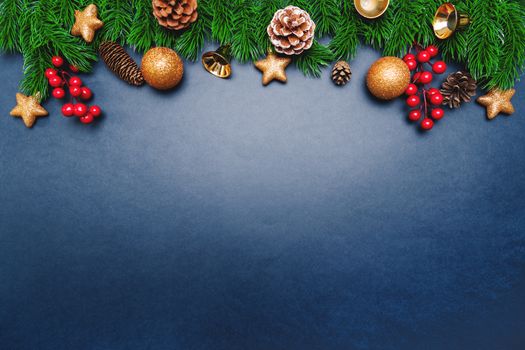Christmas pine tree with xmas decoration on blue background