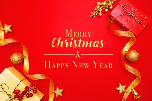 Christmas present and xmas decoration on Red background