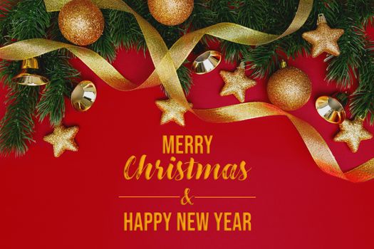 Christmas pine tree with xmas decoration on Red background