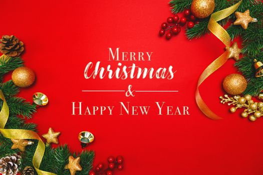 Christmas pine tree with xmas decoration on Red background
