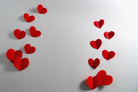 Valentine card with red heart on white background, abstract, flat lay, top view