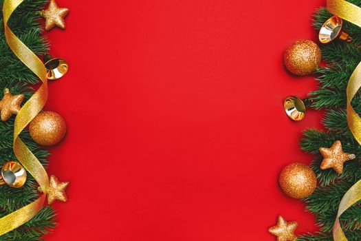 Christmas pine tree with xmas decoration on Red background
