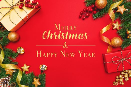 Christmas present and pine tree with xmas decoration on Red background