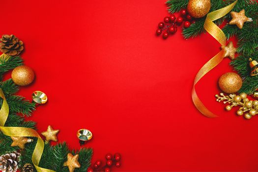 Christmas pine tree with xmas decoration on Red background