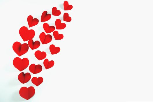 Valentine card with red heart on white background, abstract, flat lay, top view