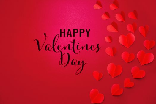 Valentine card with red heart on red background, abstract, flat lay, top view