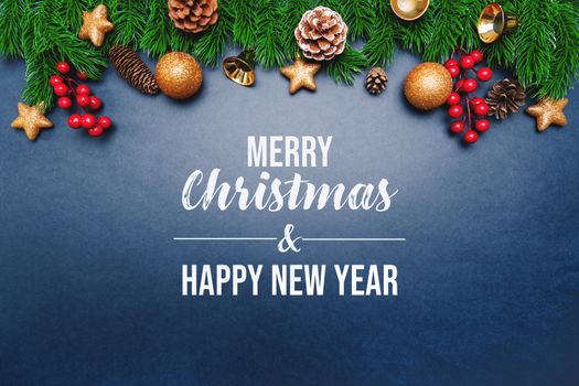 Christmas pine tree with xmas decoration on blue background