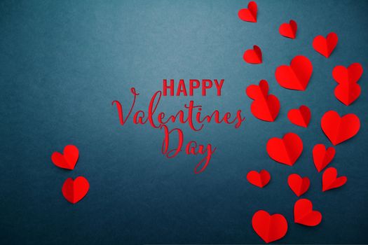 Valentine card with red heart on blue background, abstract, flat lay, top view