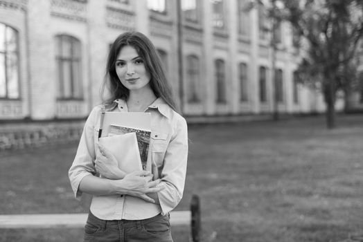 Young beautiful girl student in shirt. Kyiv. Ukraine