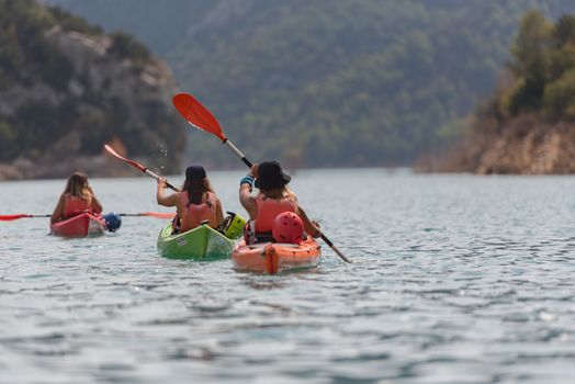 Congost de Montrebei, Catalonia, Spain : 2020 16 september : Kayak in the lake in  Montrebei gorge in Catalonia, Spain in summer 2020.