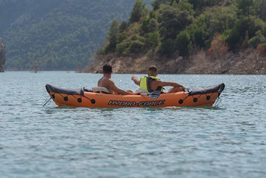 Congost de Montrebei, Catalonia, Spain : 2020 16 september : Kayak in the lake in  Montrebei gorge in Catalonia, Spain in summer 2020.