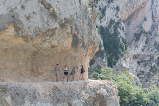 Congost de Montrebei, Catalonia, Spain : 2020 16 september : People walk in the trial in  Montrebei gorge in Catalonia, Spain in summer 2020.