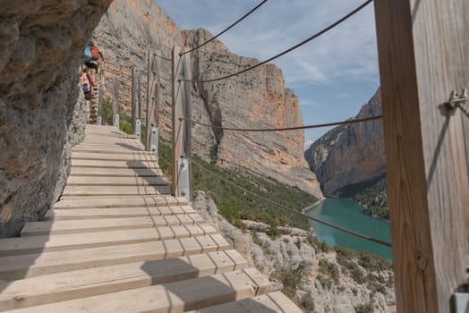 Stairs in the Congost de Mont-rebei gorge in Catalonia, Spain in summer 2020.