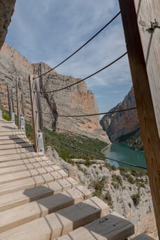 Stairs in the Congost de Mont-rebei gorge in Catalonia, Spain in summer 2020.