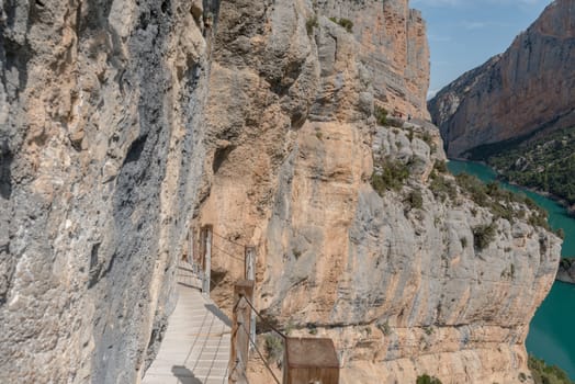 Stairs in the Congost de Mont-rebei gorge in Catalonia, Spain in summer 2020.