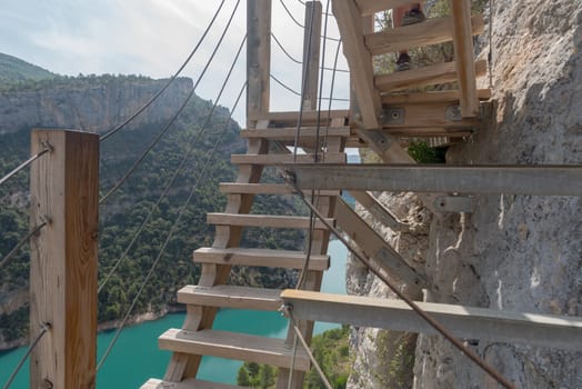Stairs in the Congost de Mont-rebei gorge in Catalonia, Spain in summer 2020.