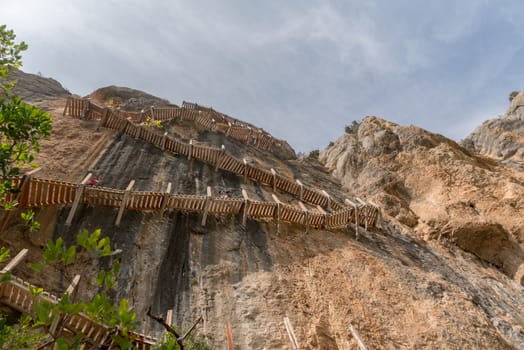 Stairs in the Congost de Mont-rebei gorge in Catalonia, Spain in summer 2020.