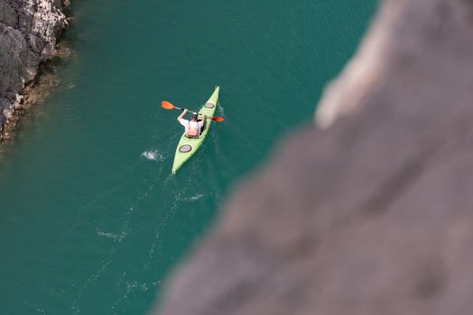 Congost de Montrebei, Catalonia, Spain : 2020 16 september : Kayak in the lake in  Montrebei gorge in Catalonia, Spain in summer 2020.