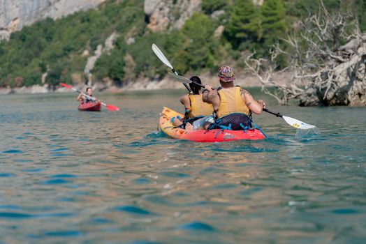Congost de Montrebei, Catalonia, Spain : 2020 16 september : Kayak in the lake in  Montrebei gorge in Catalonia, Spain in summer 2020.