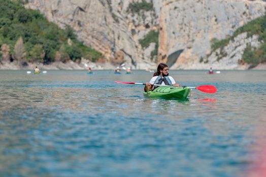 Congost de Montrebei, Catalonia, Spain : 2020 16 september : Kayak in the lake in  Montrebei gorge in Catalonia, Spain in summer 2020.