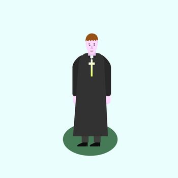 Catholic priest. Pastor reads prayer, holds cross, bible and gospel, bless parishioners. Flat cartoon illustration. Objects isolated on a white background