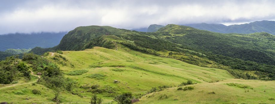 Beautiful grassland, prairie in Taoyuan Valley, Caoling Mountain Trail passes over the peak of Mt. Wankengtou in Taiwan.