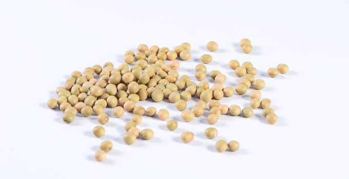 Yellow-green Taiwanese organic non-GMO soybeans, soy beans in a container isolated on white backgorund, close up, clipping path.