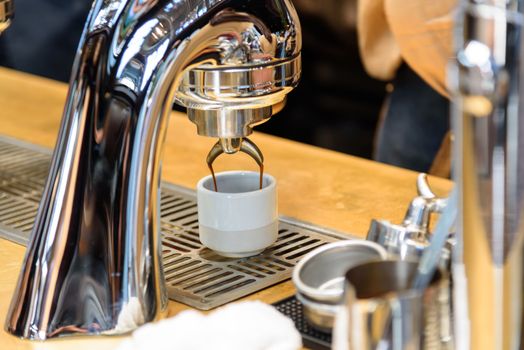 Closeup to Coffee making machine in the counter bar in coffee cafe