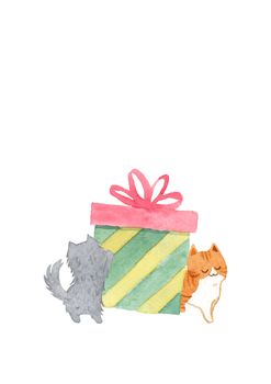 The cat is pushing the gift box. Watercolor hand painting illustration on white background. Copy space for your text. Design for greeting cards, gift cards, Christmas, New year, pet advertising.