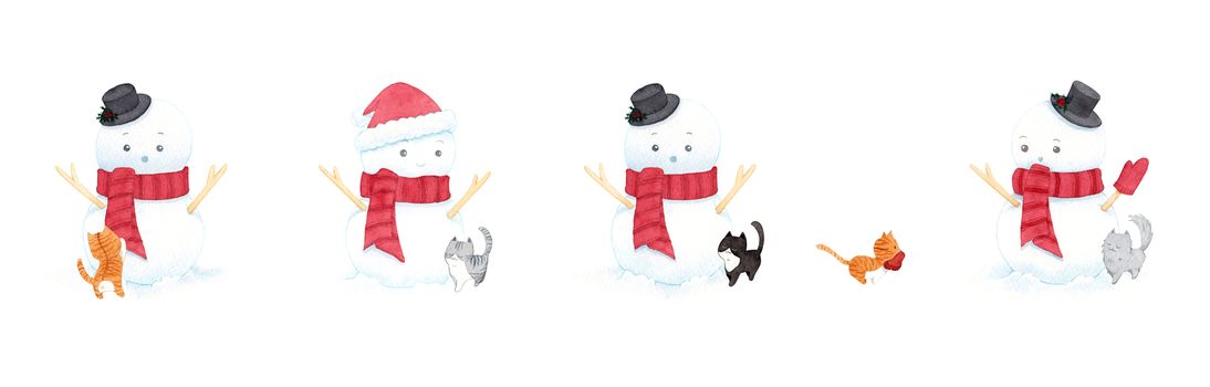 Set of cute christmas snowman wearing hat and scarf and cat on white background. watercolor illustrations. Painting for decoration in winter advertising.