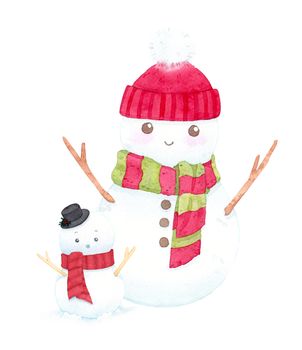 Cute christmas snowmen wearing hat and scarf on white background. watercolor illustration. Painting for decoration in winter advertising.