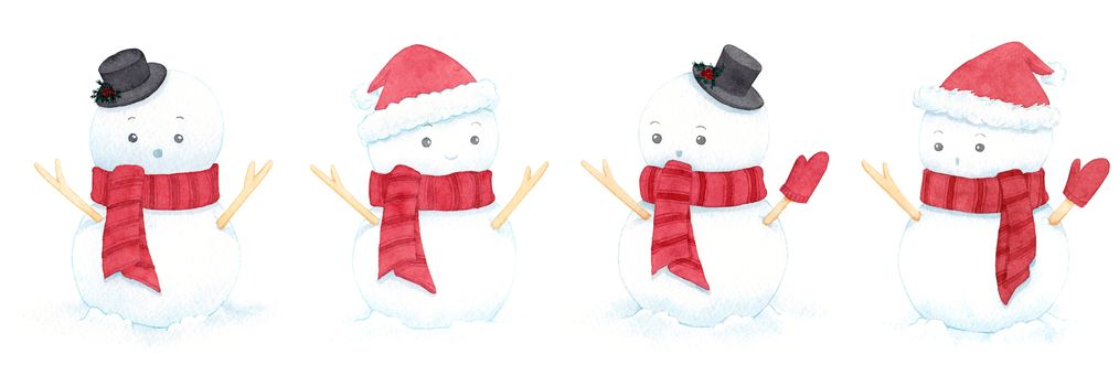 Cute christmas snowmen wearing hat and scarf on white background. watercolor illustrations set. Painting for decoration in winter advertising.